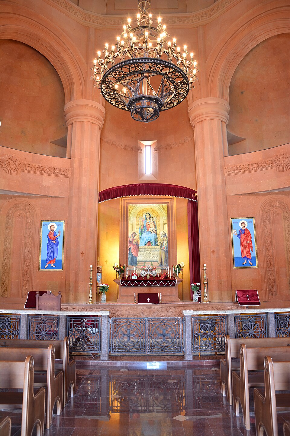 Interior of Saint Thaddeus Church with dome and sacred images
